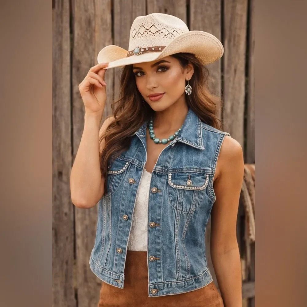 GUESS Vintage Rhinestone Denim Vest Made In USA Cowgirl Y2K